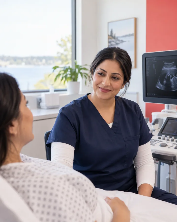A medical imaging technologist speaking with a patient in a modern ultrasound room