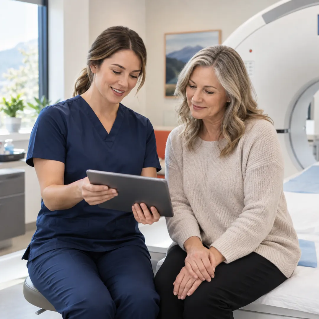 Medical imaging technologist reviewing appointment preparation with a patient